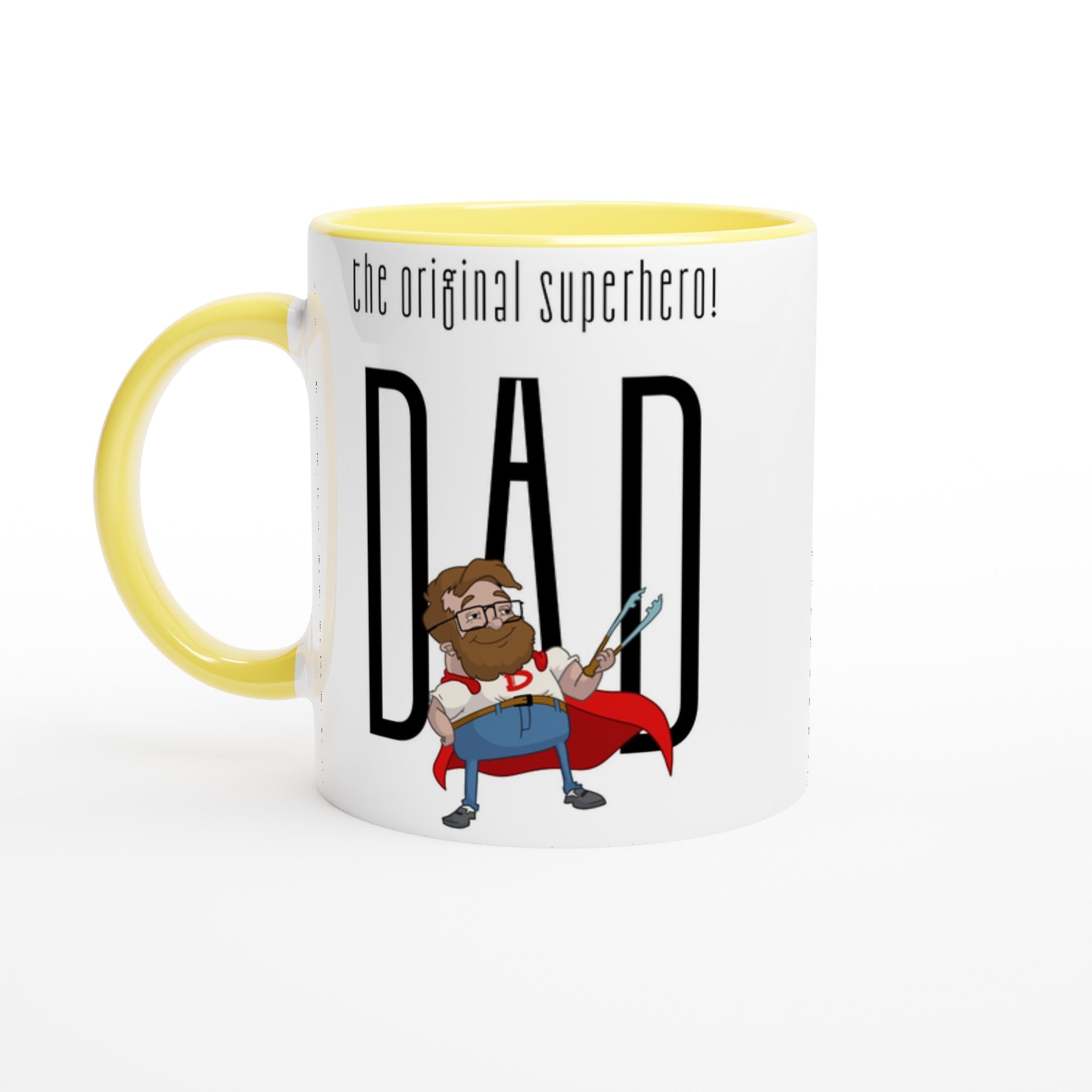 Dad, The Original Superhero - White 11oz Ceramic Mug with Colour Inside Ceramic Yellow Colour 11oz Mug comic Dad Globally Fulfilled