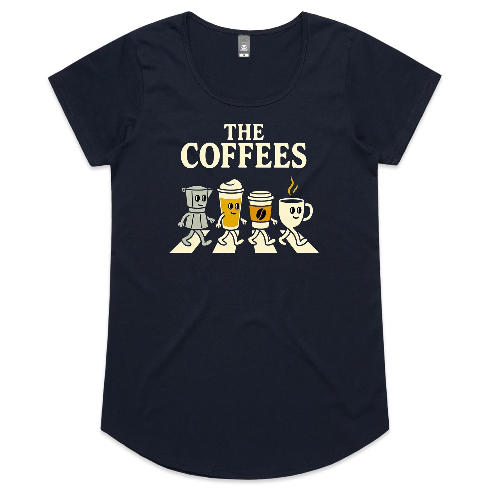 The Coffees, Crossing Road Women's AS Colour Scoop Neck T-Shirt Navy Womens Scoop Neck T-shirt Coffee Music Printed In Australia