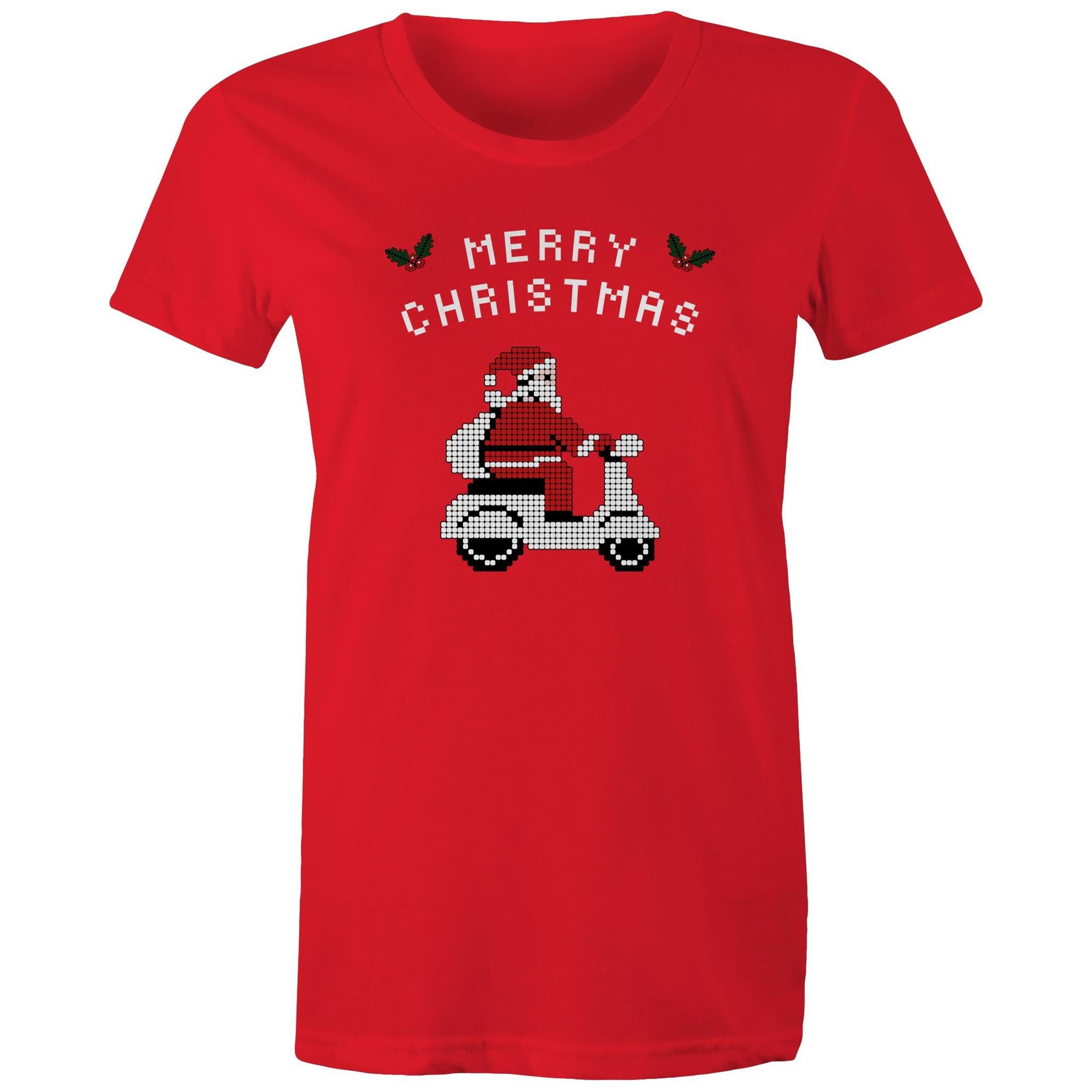 Scooter Santa - Womens T-shirt Red Womens Christmas T-shirt Christmas Printed In Australia