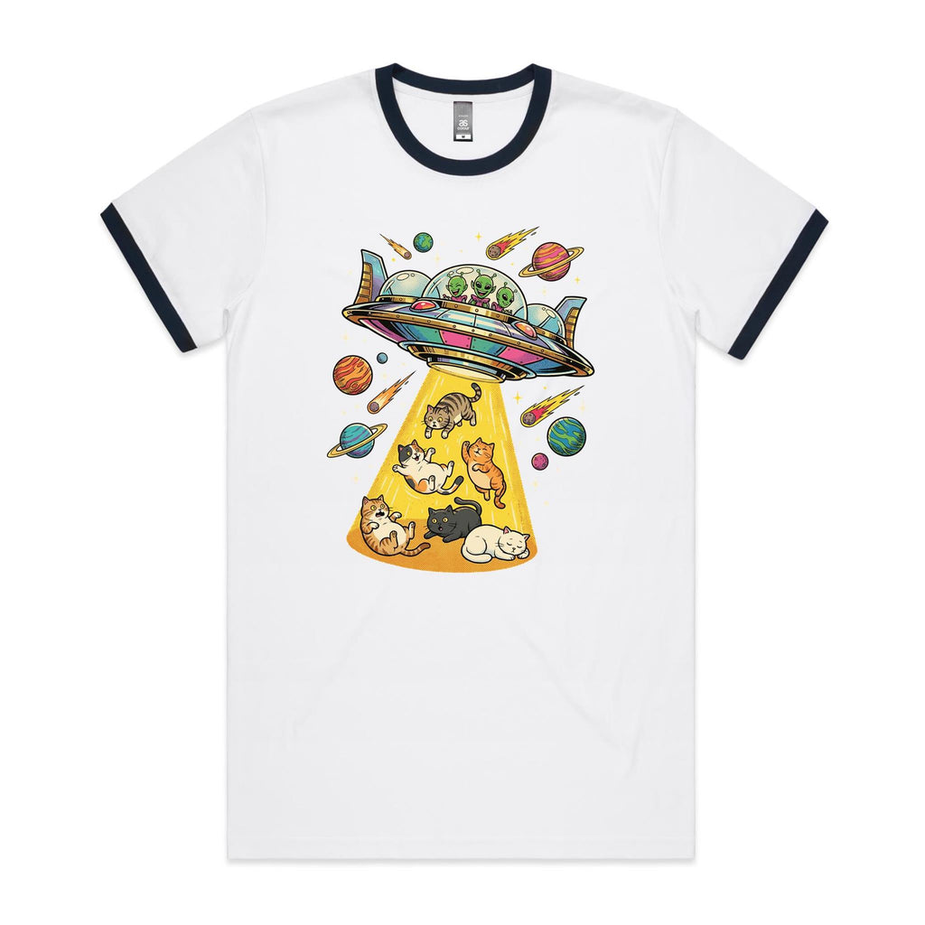 UFO Cat Abduction Men's AS Colour Ringer Tee White Navy Ringer T-Shirt animal Printed In Australia Sci Fi