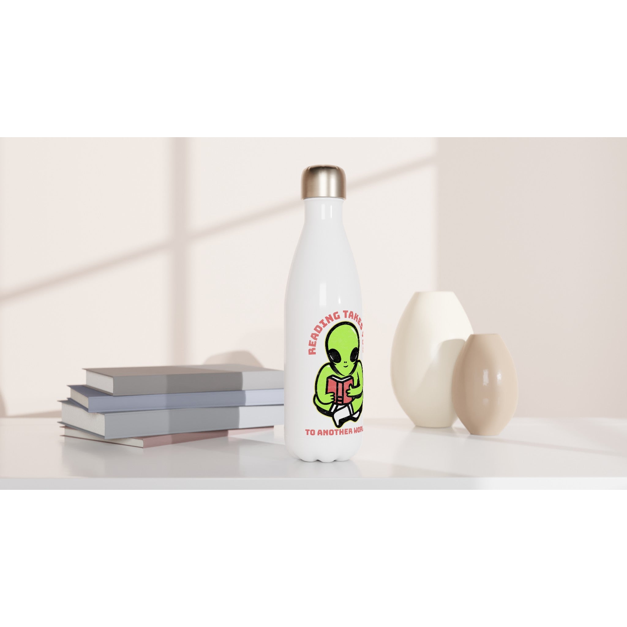 Reading Takes You To Another World - White 17oz Stainless Steel Water Bottle White Water Bottle Globally Fulfilled Reading Sci Fi