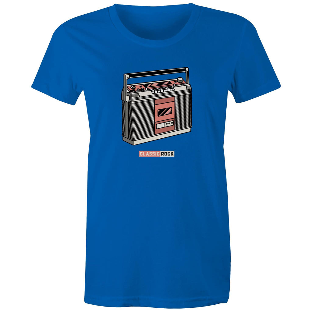 Classic Rock, Cassette Player - Womens T-shirt Bright Royal Womens T-shirt Music Printed In Australia Retro