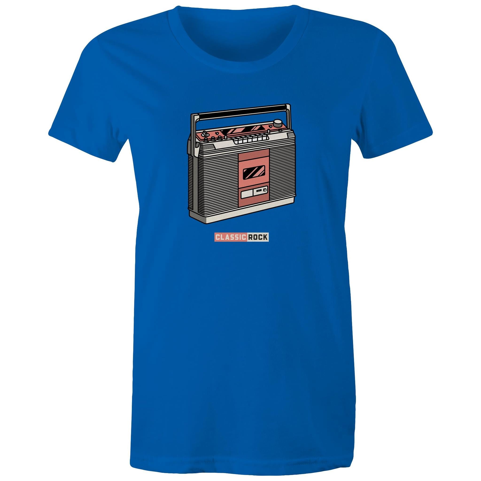 Classic Rock, Cassette Player - Womens T-shirt Bright Royal Womens T-shirt Music Printed In Australia Retro