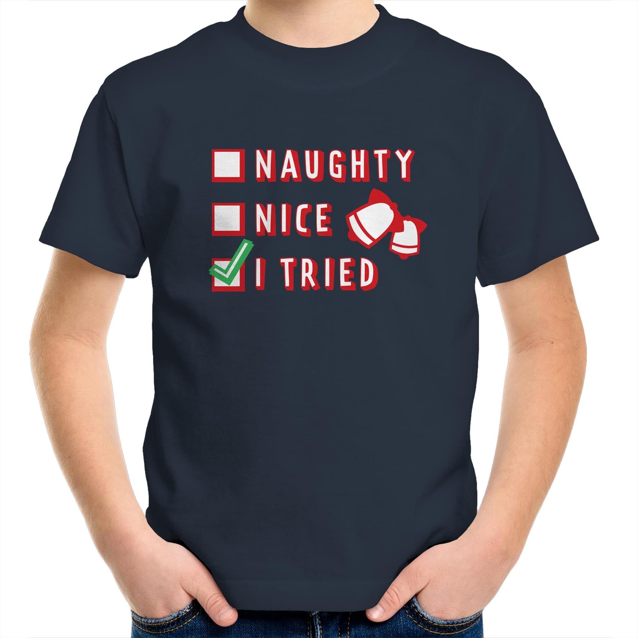Naughty, Nice, I Tried, Santa's Christmas List - Kids Youth T-Shirt Navy Kids Christmas T-shirt Christmas Printed In Australia