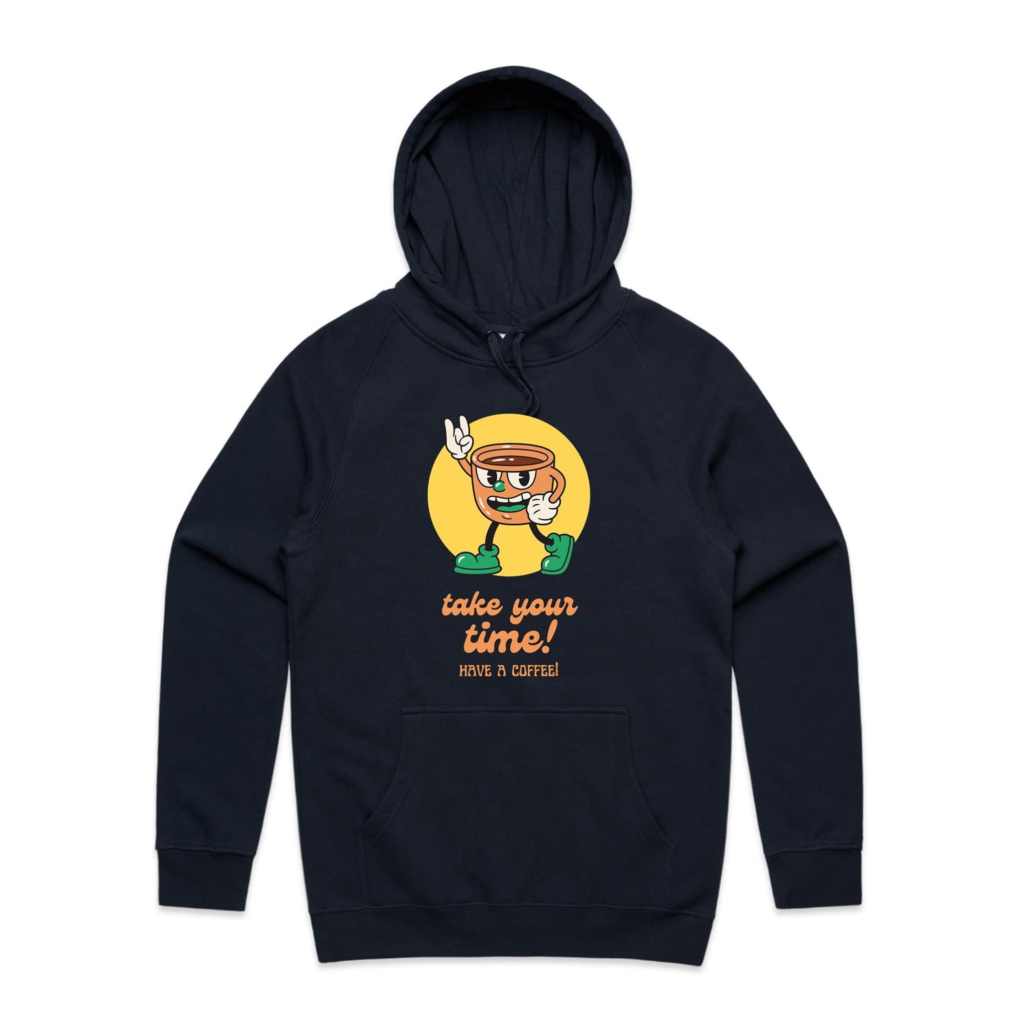 Take Your Time, Have A Coffee - Mens Hoodie Navy Mens Hoodie Coffee Printed In Australia Retro