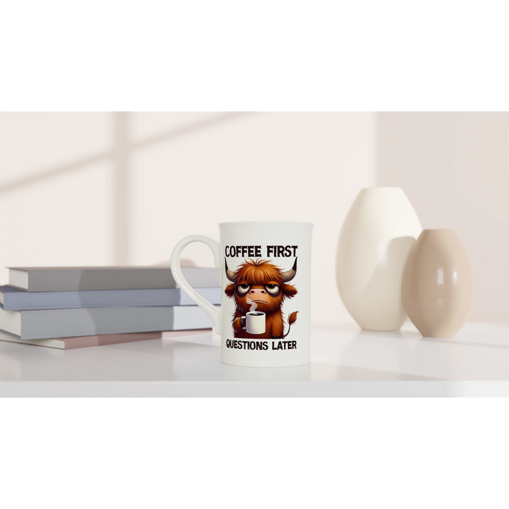 Personalise - Coffee First, Questions Later, Highland Cow - White 10oz Porcelain Slim Mug Personalised Porcelain Mug animal Coffee Globally Fulfilled