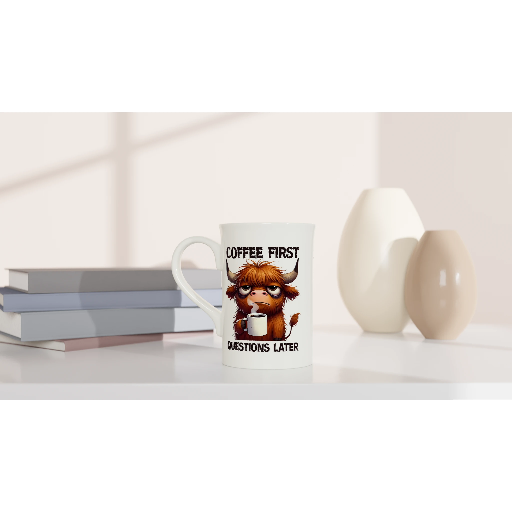 Personalise - Coffee First, Questions Later, Highland Cow - White 10oz Porcelain Slim Mug Personalised Porcelain Mug animal Coffee Globally Fulfilled