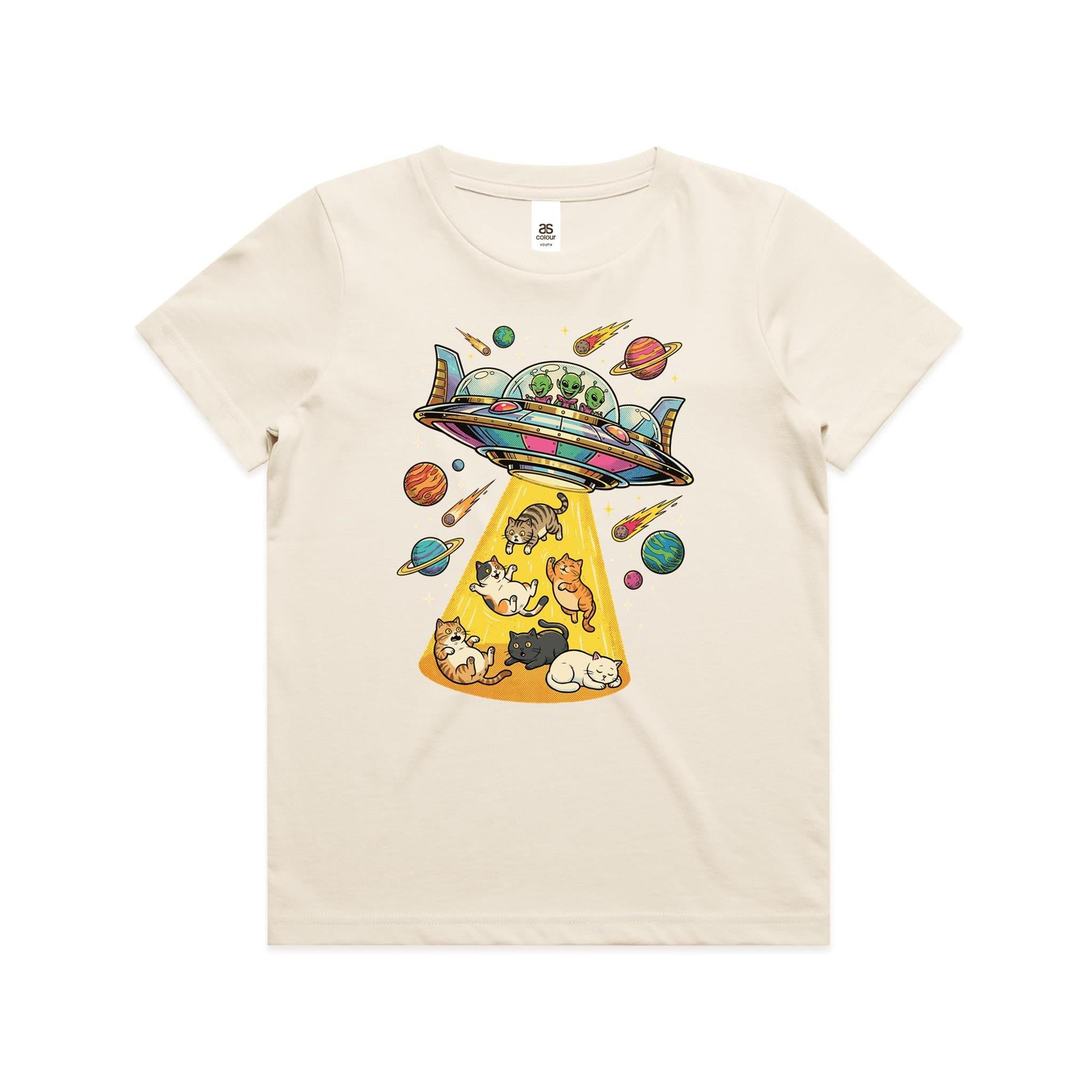 UFO Cat Abduction - Kid's AS Colour T-shirt Ecru Kids Youth T-shirt animal Printed In Australia Sci Fi