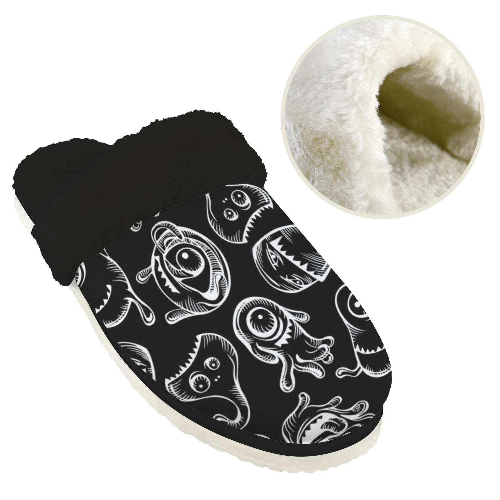 Monsters In Black And White Men's Fur Trim Thick-Sole Indoor Slippers Men's Fur Trimmed Slippers Printed Offshore Sci Fi