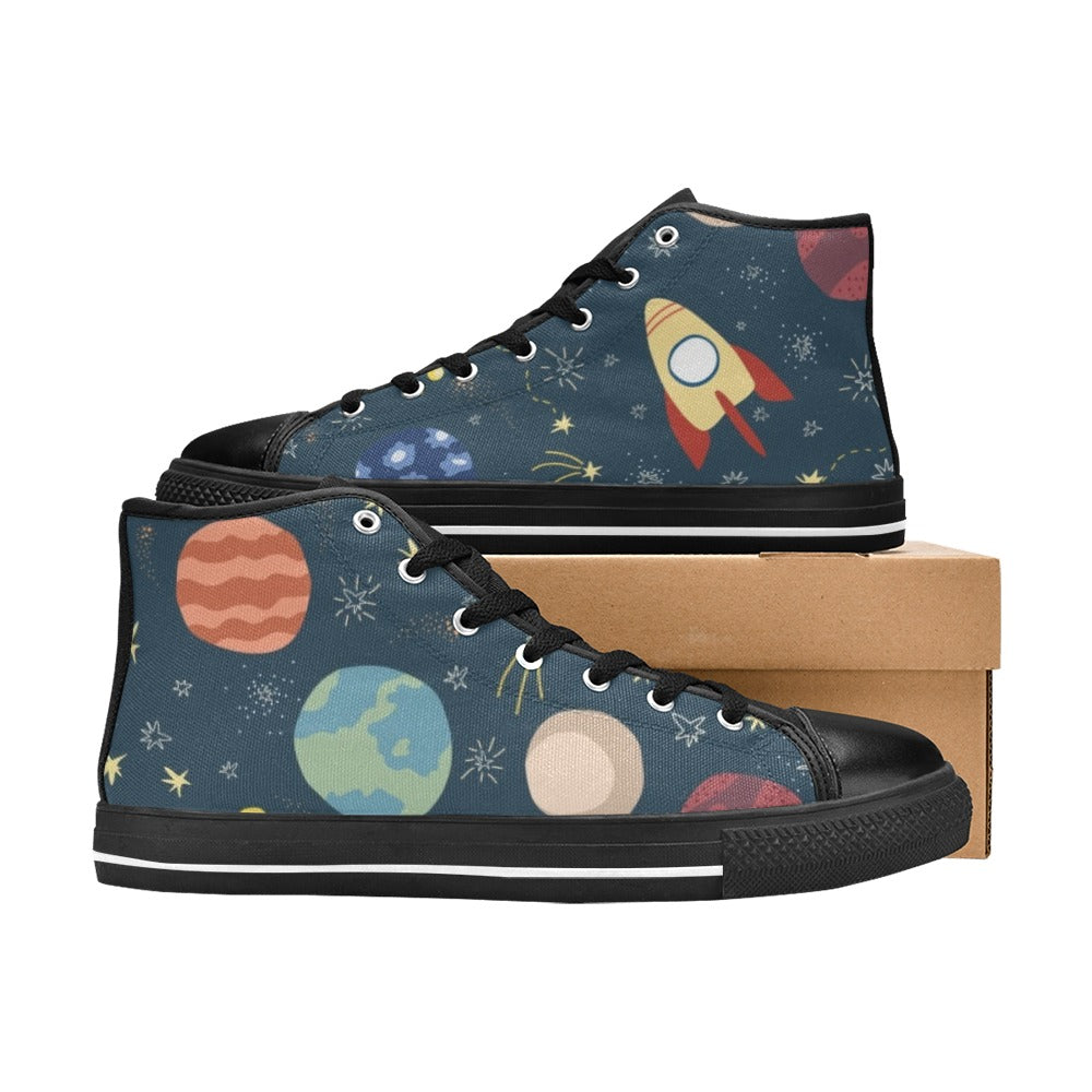 Rocket and Planets In Space - Kids High Top Canvas Shoes