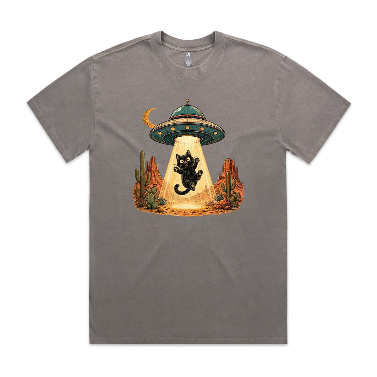 Black Cat Alien UFO Abduction AS Colour Heavy Faded Tee Faded grey Heavy Faded T-shirt animal Printed In Australia Sci Fi