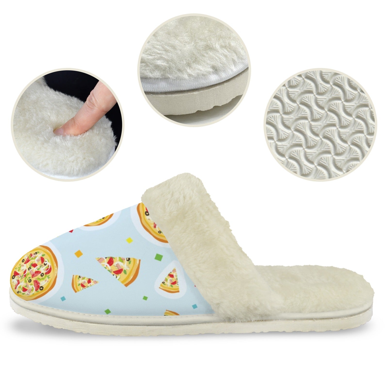 Pizzas On Blue Men's Fur Trim Thick-Sole Indoor Slippers Men's Fur Trimmed Slippers Food Printed Offshore