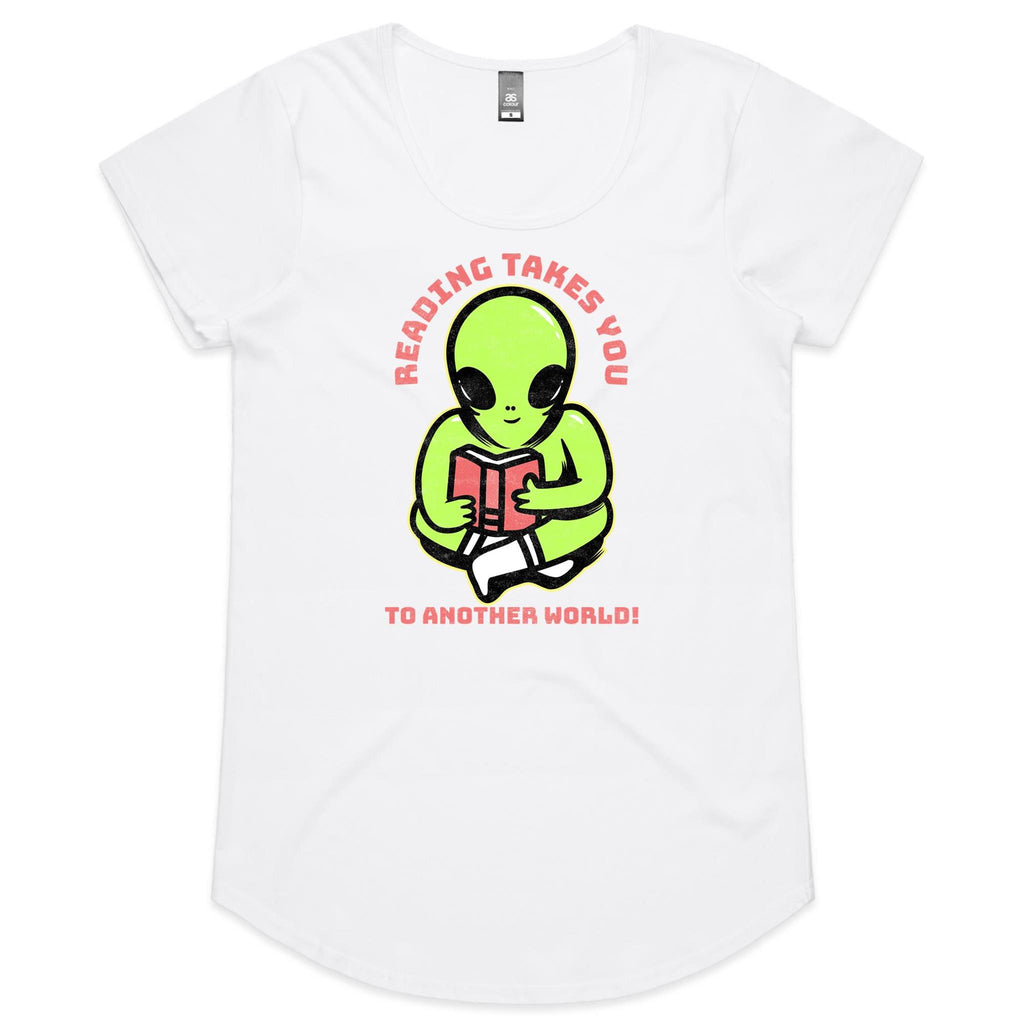Reading Takes You To Another World, Alien - Womens Scoop Neck T-Shirt White Womens Scoop Neck T-shirt Printed In Australia Reading Sci Fi