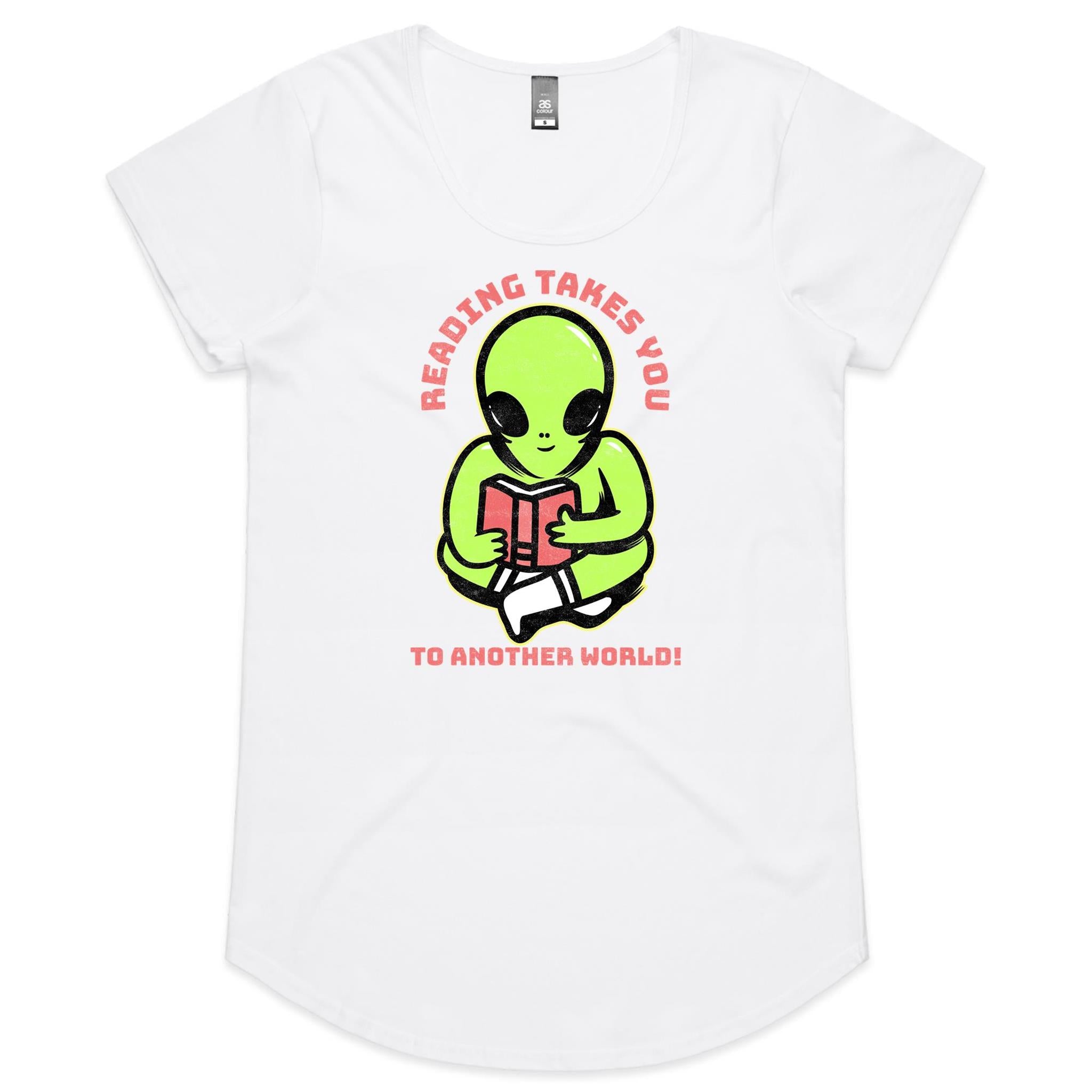 Reading Takes You To Another World, Alien - Womens Scoop Neck T-Shirt White Womens Scoop Neck T-shirt Printed In Australia Reading Sci Fi