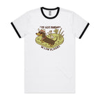 Dachshund, I've Got Friends In Low Places AS Colour Staple Ringer Tee White Black Ringer T-Shirt animal Printed In Australia