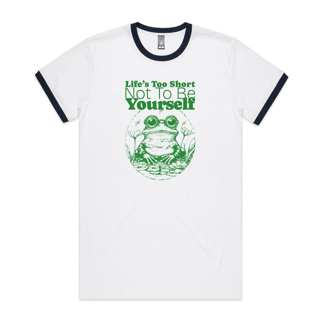 Life's Too Short Not To Be Yourself Men's AS Colour Ringer Tee White Navy Ringer T-Shirt Positivity Printed In Australia