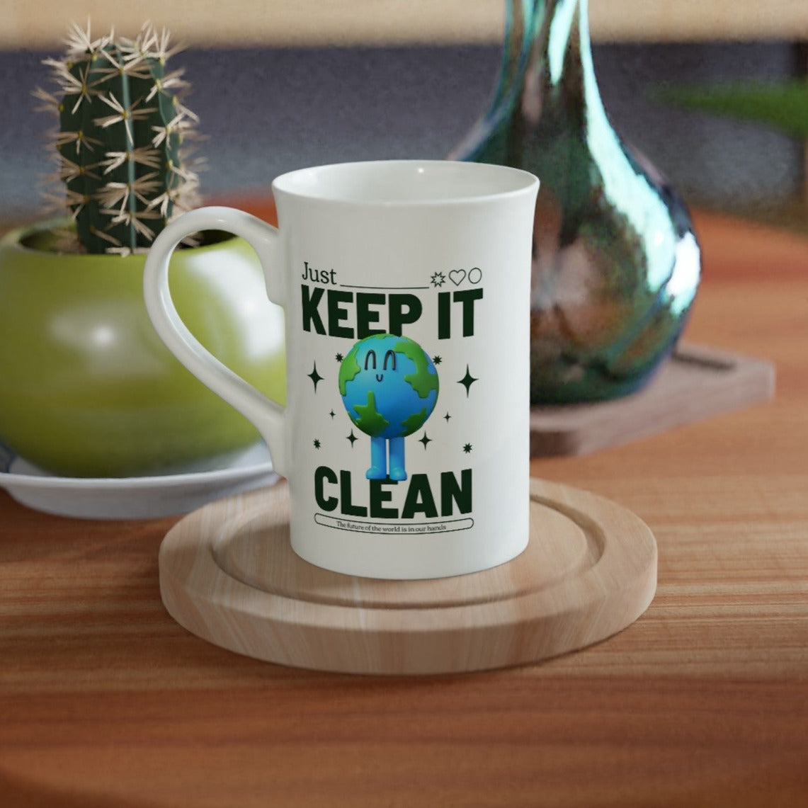 Earth, Just Keep It Clean - White 10oz Porcelain Slim Mug Porcelain Mug Environment Globally Fulfilled