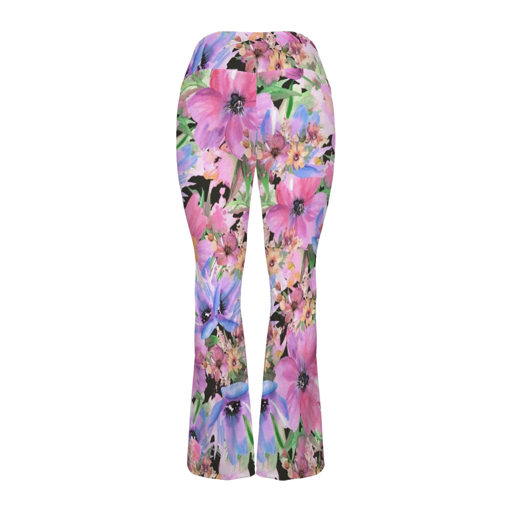 Bright Pink Floral High Waist Crossover Tummy Control Flare Leggings High Waist Flare Leggings Plants Printed Offshore