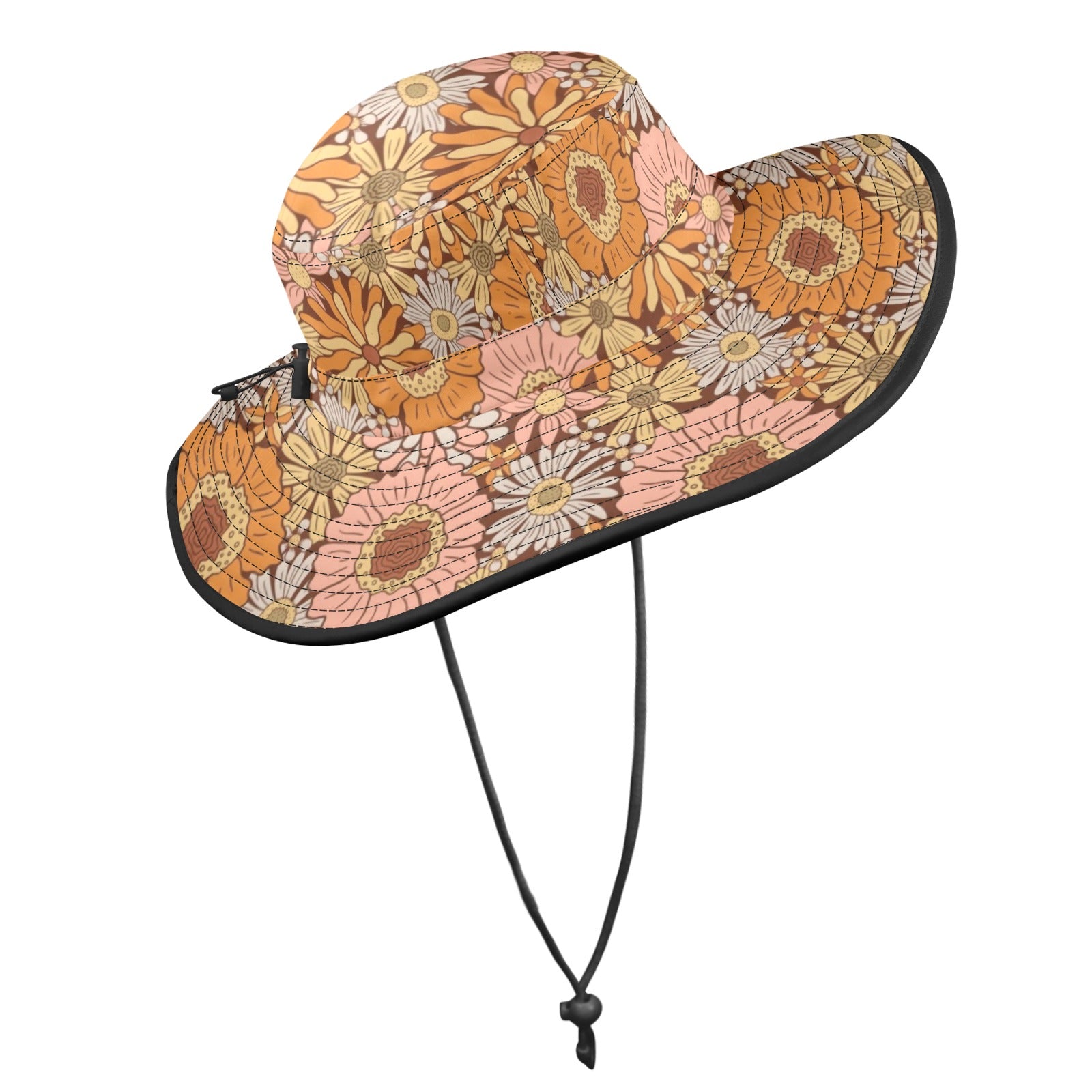 Orange Retro Floral Wide Brim Bucket Hat Wide Brim Bucket Hat Plants Printed Offshore