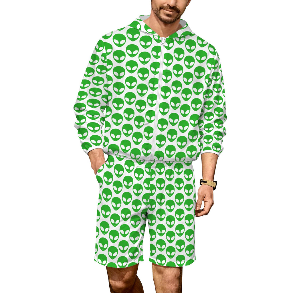Aliens On White Men's Lightweight Sun Hoodie & Shorts Set 4XL Men's Lightweight Sun Hoodie & Shorts Printed Offshore Sci Fi