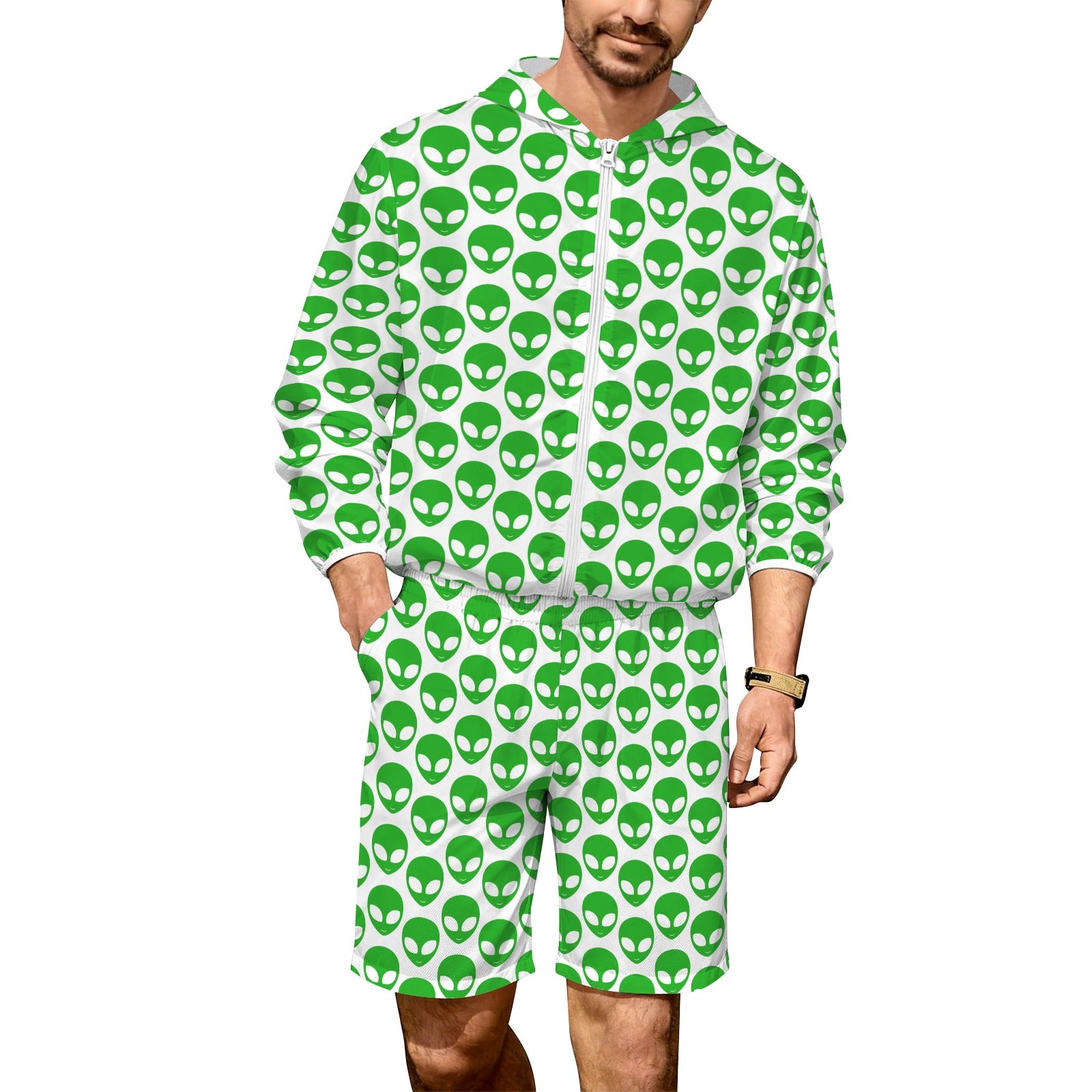Aliens On White Men's Lightweight Sun Hoodie & Shorts Set 4XL Men's Lightweight Sun Hoodie & Shorts Printed Offshore Sci Fi