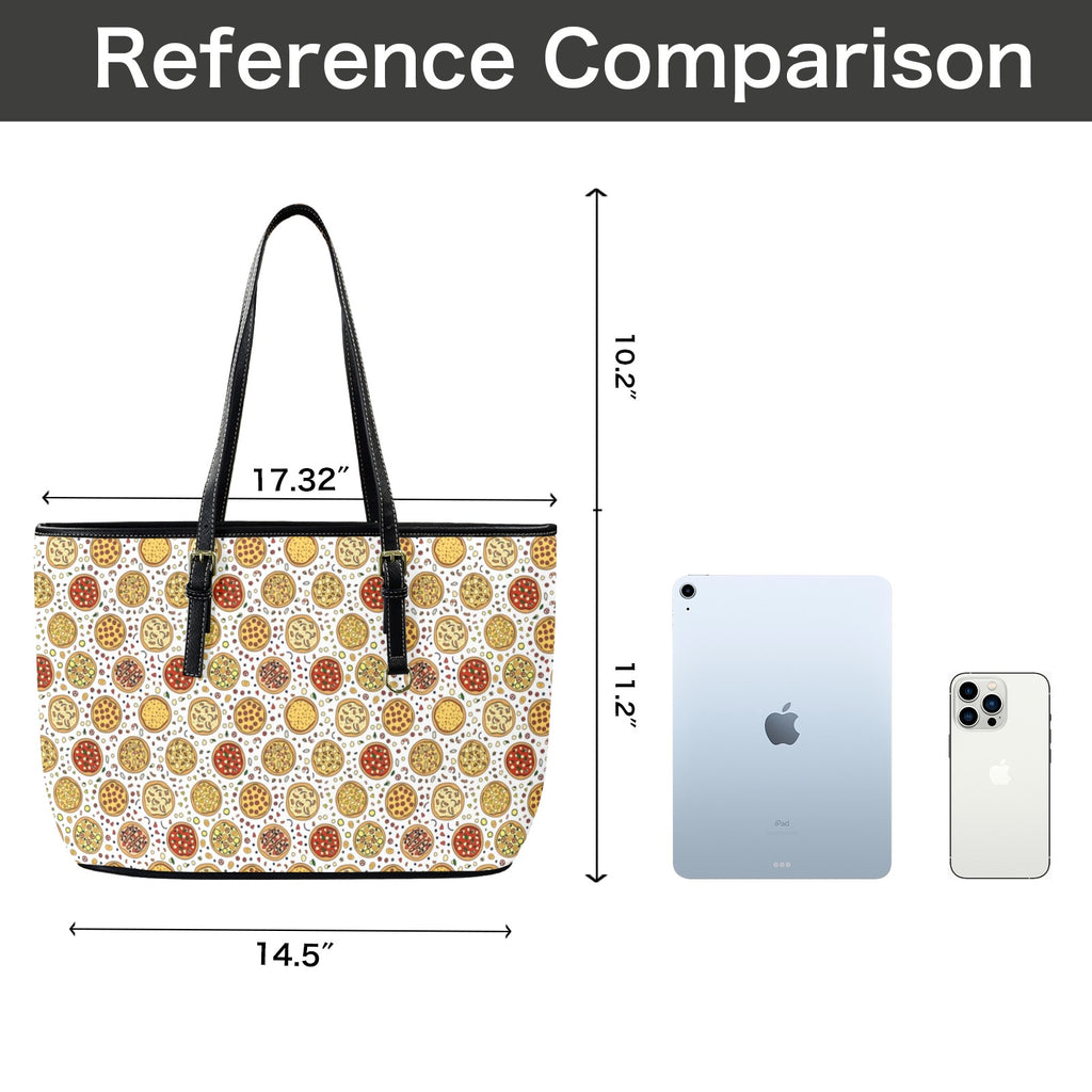 Round Pizzas On White PU Leather Tote Bag Large Leather Tote Bag-Large Food Printed Offshore