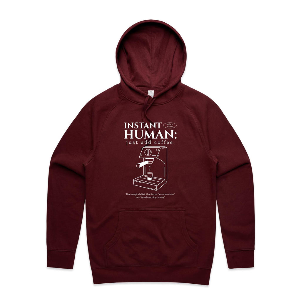 Instant Human, Coffee Machine - Mens Hoodie Burgundy Mens Hoodie Coffee Printed In Australia