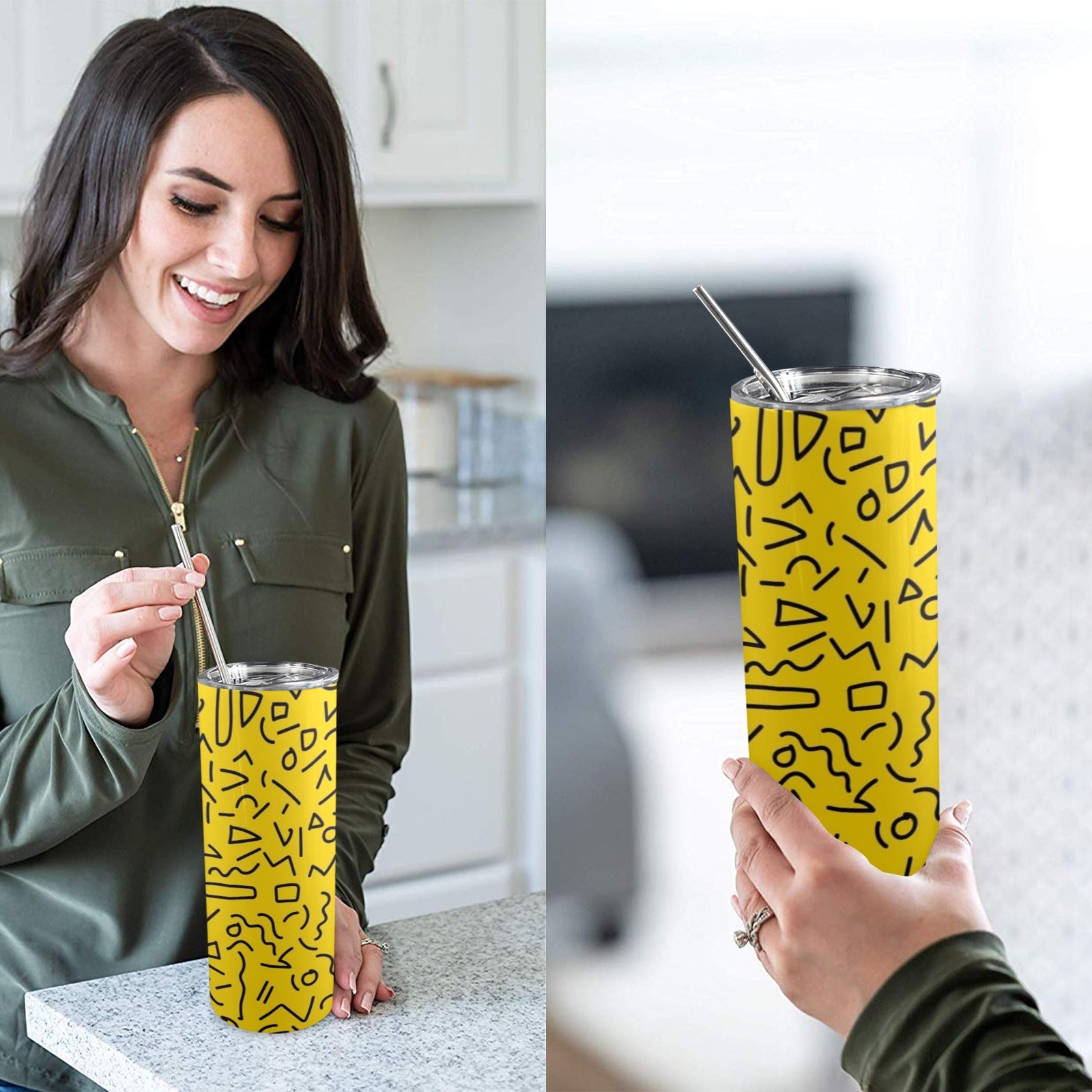 Black Squiggle On Yellow - 20oz Tall Skinny Tumbler with Lid and Straw