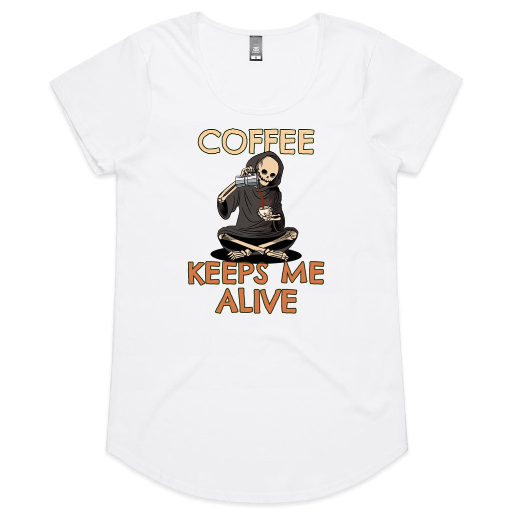 Coffee Keeps Me Alive - Womens Scoop Neck T-Shirt White Womens Scoop Neck T-shirt Coffee Printed In Australia