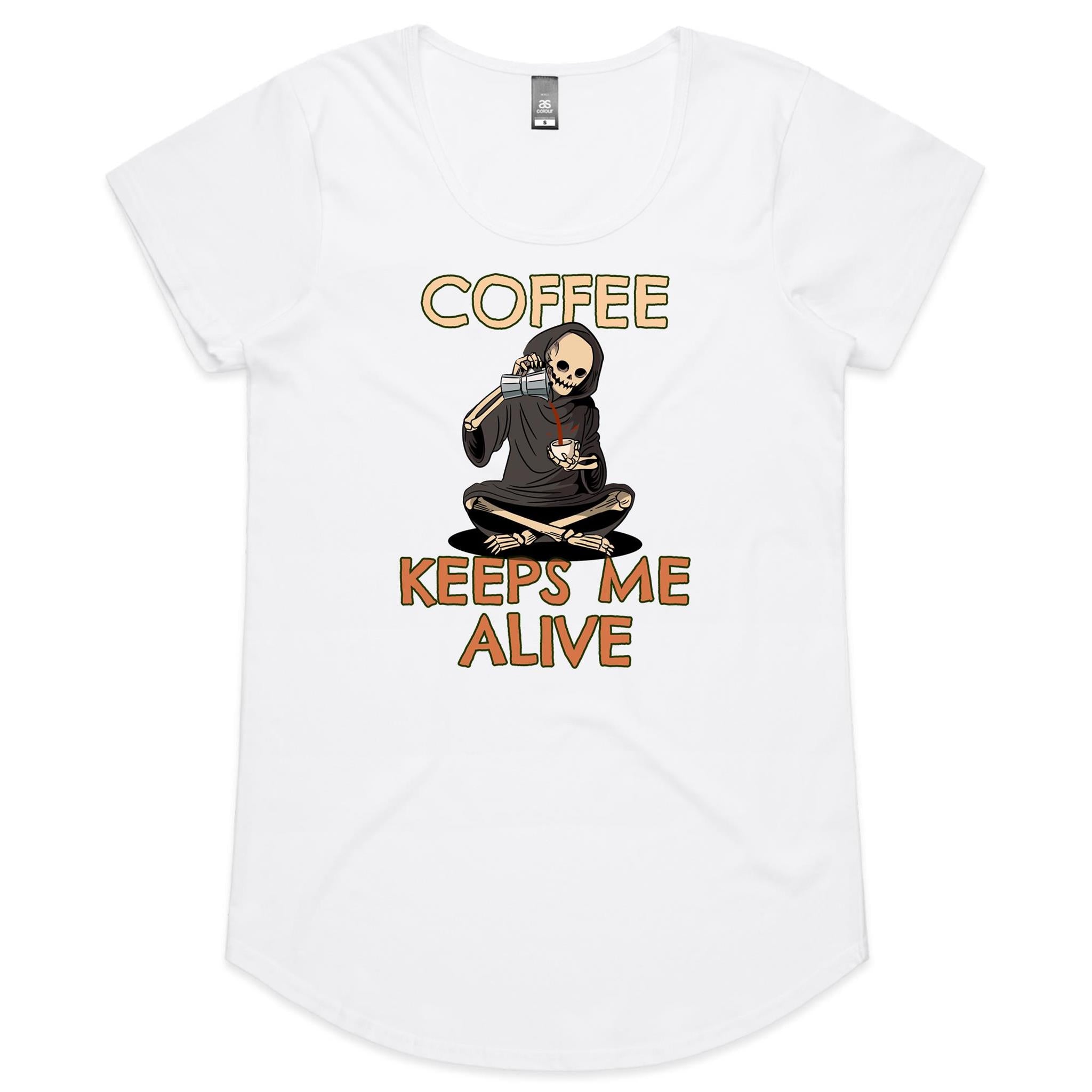 Coffee Keeps Me Alive - Womens Scoop Neck T-Shirt White Womens Scoop Neck T-shirt Coffee Printed In Australia