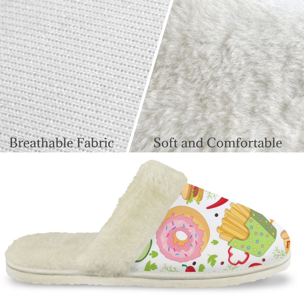 Food Love Women's Fur Trim Thick-Sole Indoor Slippers Women's Fur Trimmed Slippers Food Printed Offshore