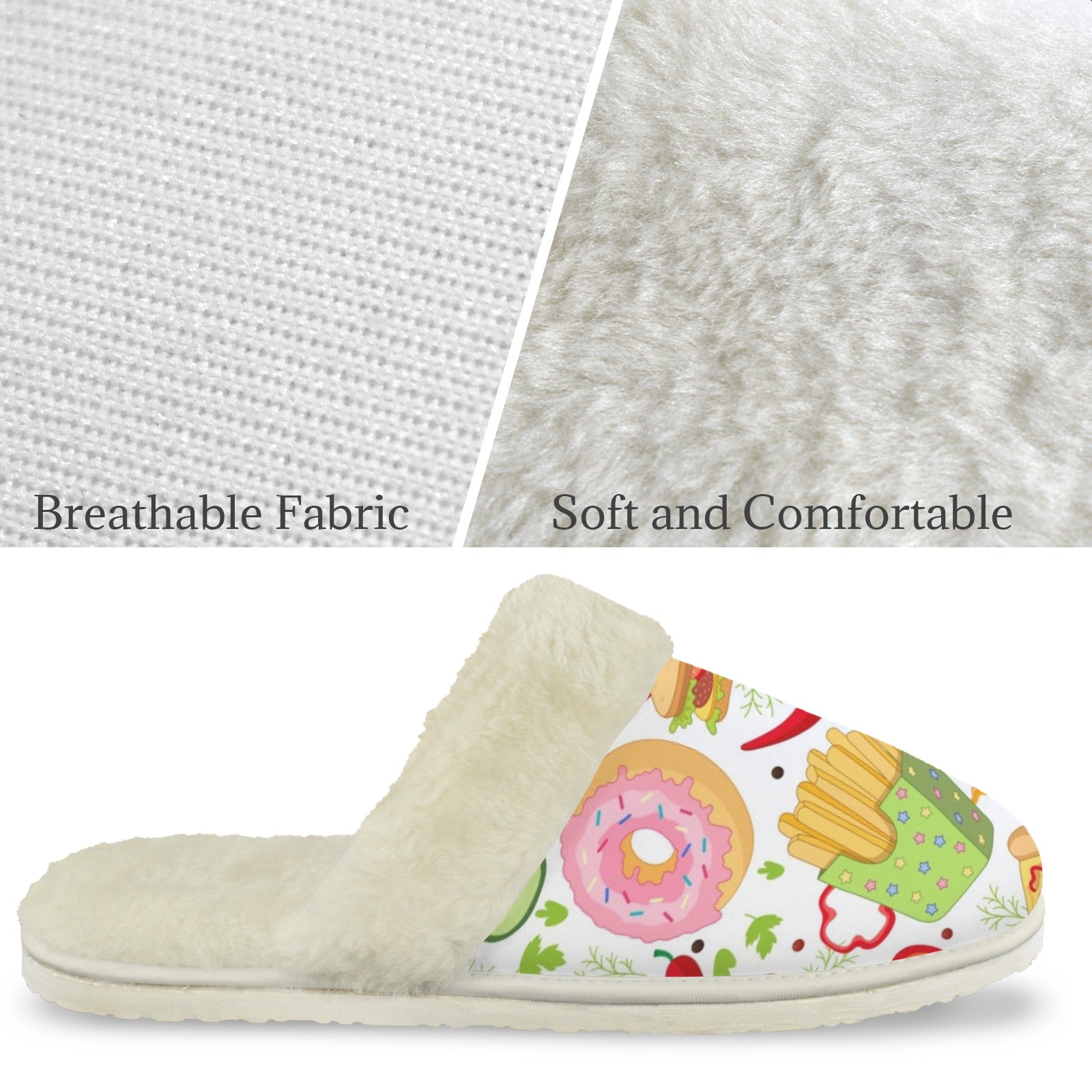 Food Love Women's Fur Trim Thick-Sole Indoor Slippers Women's Fur Trimmed Slippers Food Printed Offshore