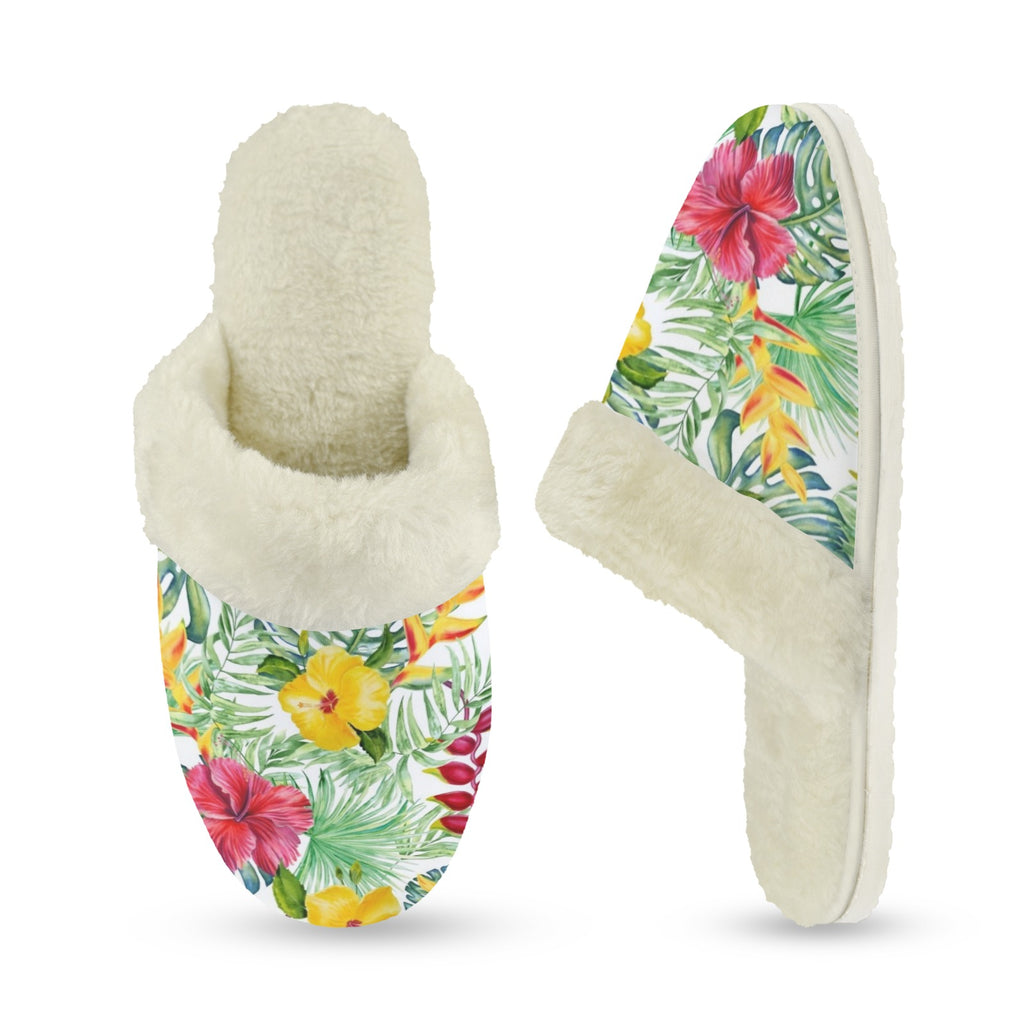 Tropical Flowers On White Women's Fur Trim Thick-Sole Indoor Slippers Women's Fur Trimmed Slippers Plants Printed Offshore
