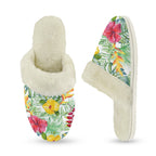 Tropical Flowers On White Women's Fur Trim Thick-Sole Indoor Slippers Women's Fur Trimmed Slippers Plants Printed Offshore