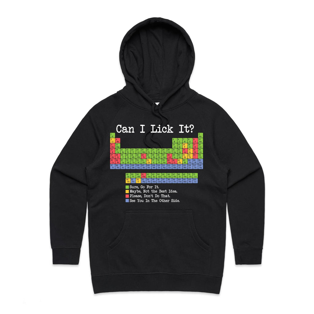 Periodic Table, Can I Lick It Women's AS Colour Hoodie Black Womens Hoodie Printed In Australia Science