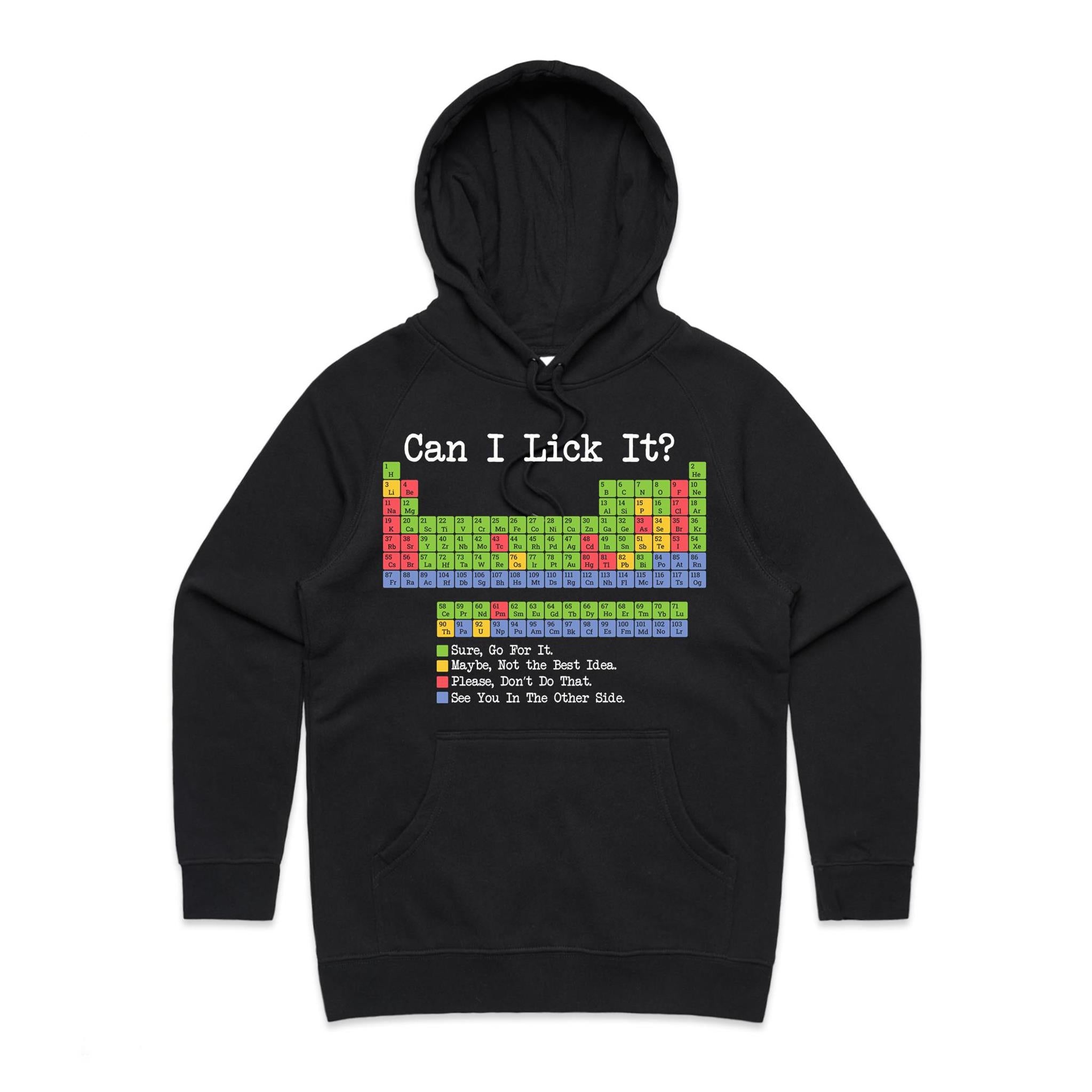 Periodic Table, Can I Lick It Women's AS Colour Hoodie Black Womens Hoodie Printed In Australia Science