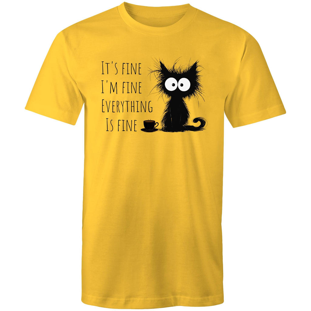 It's Fine, I'm Fine, Frazzled Cat - Mens T-Shirt Yellow Mens T-shirt animal Printed In Australia