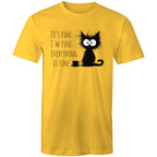 It's Fine, I'm Fine, Frazzled Cat - Mens T-Shirt Yellow Mens T-shirt animal Printed In Australia
