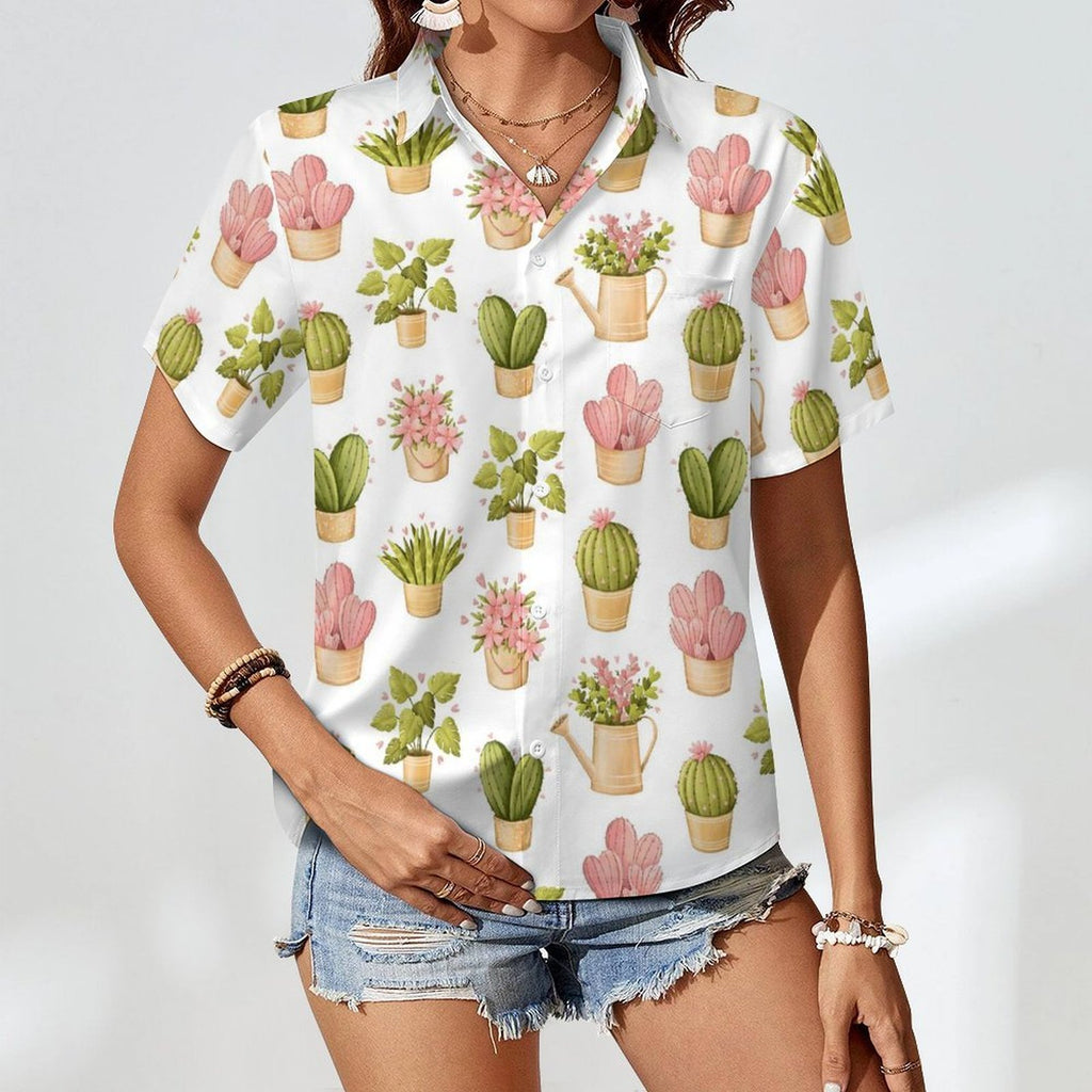 Cactus Plants And Flowers Women's Short-Sleeve Button Up Shirt Women's Short-Sleeve Button Up Shirt Plants Printed Offshore