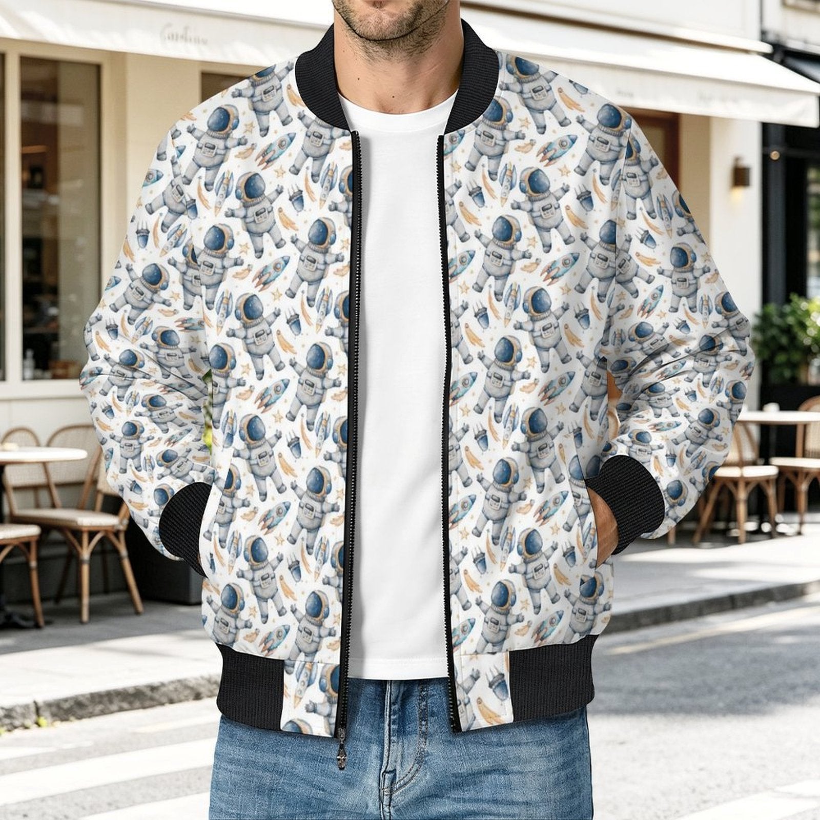 Astronauts And Rocket Ships Men's Casual Zip‑Up Bomber Jacket