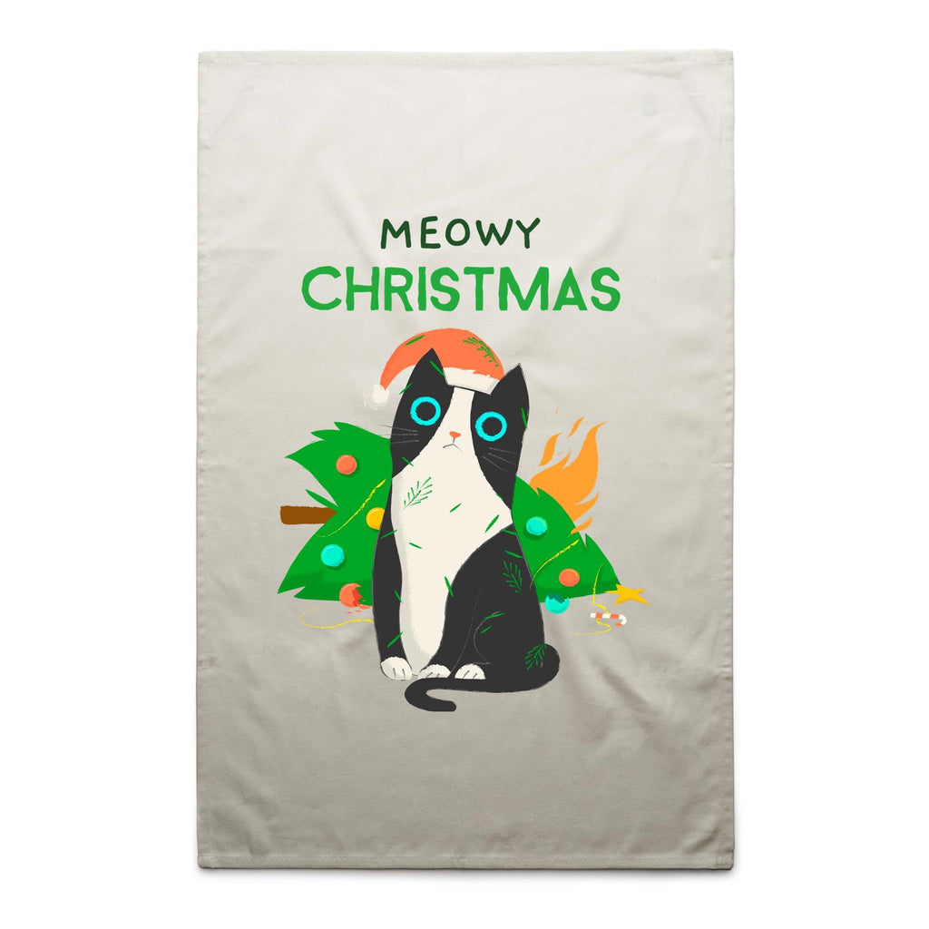 Meowy Christmas - AS Colour Tea Towel Cream One Size Christmas Tea Towel Christmas Printed In Australia