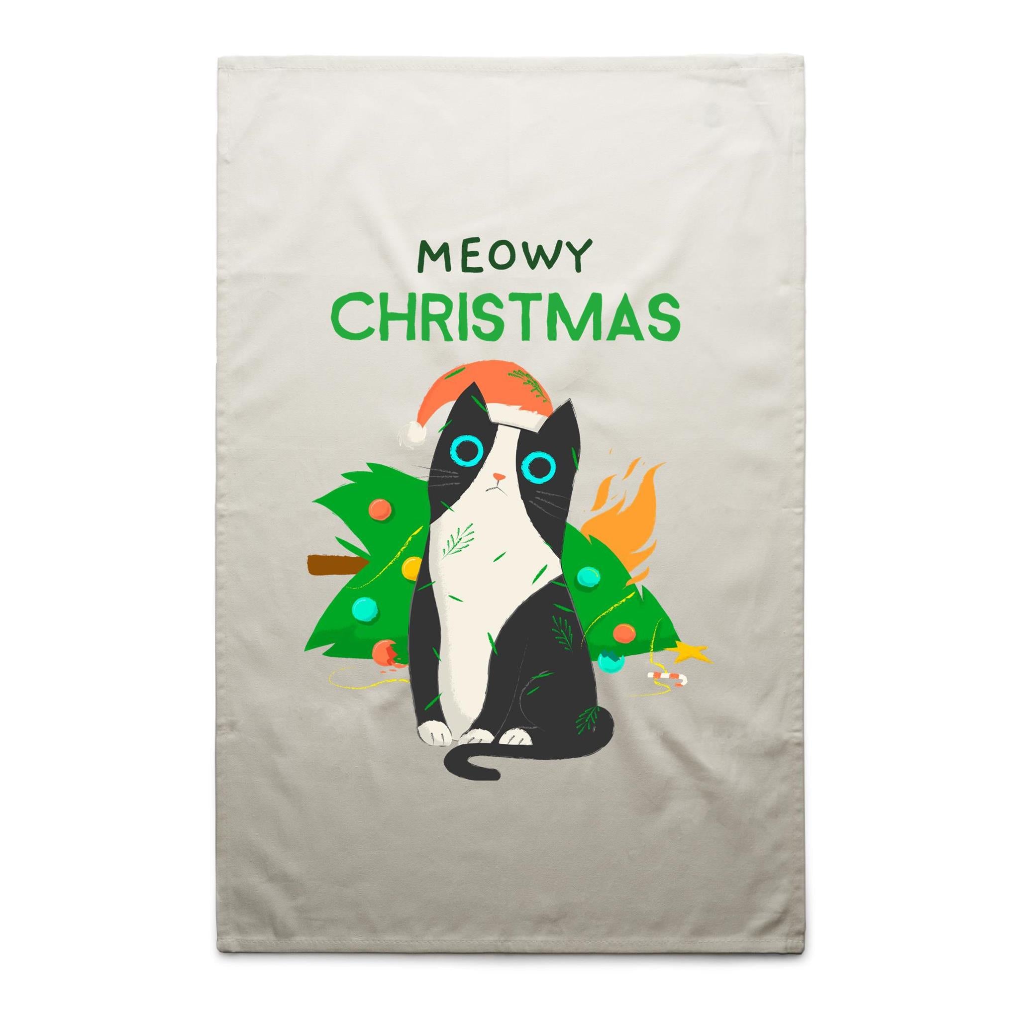 Meowy Christmas - AS Colour Tea Towel Cream One Size Christmas Tea Towel Christmas Printed In Australia