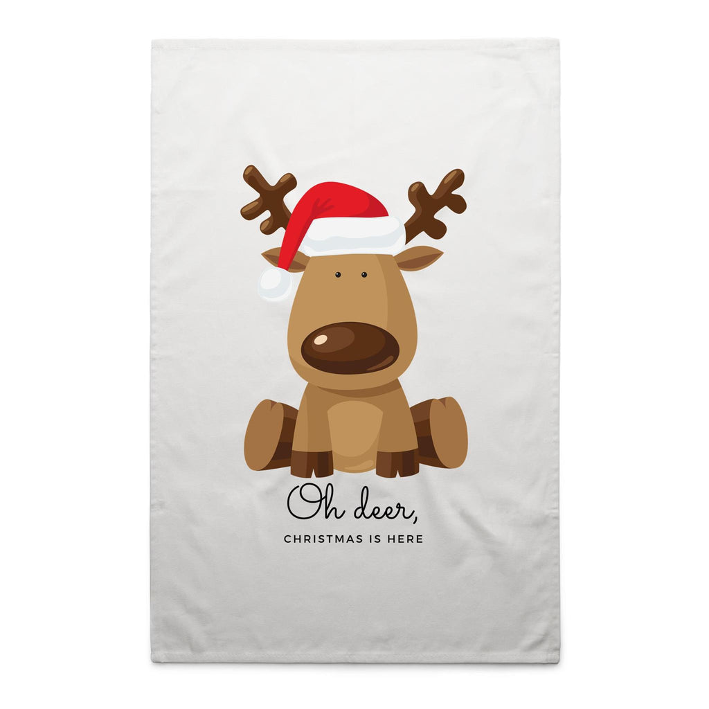 Oh Deer, Christmas Is Here, Reindeer - AS Colour Tea Towel White One Size Christmas Tea Towel Christmas Printed In Australia