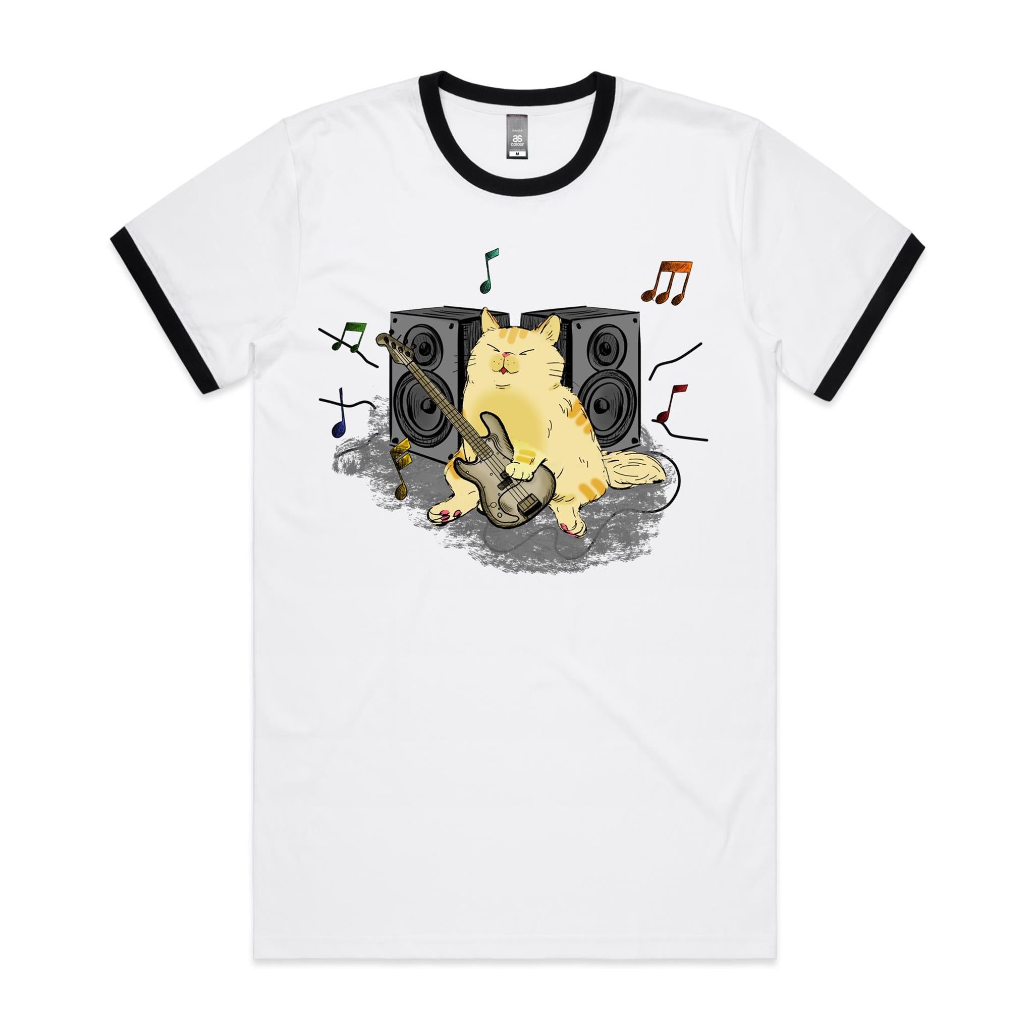 Cat Bass Player - Staple Ringer Tee White Black Ringer T-Shirt animal Music Printed In Australia