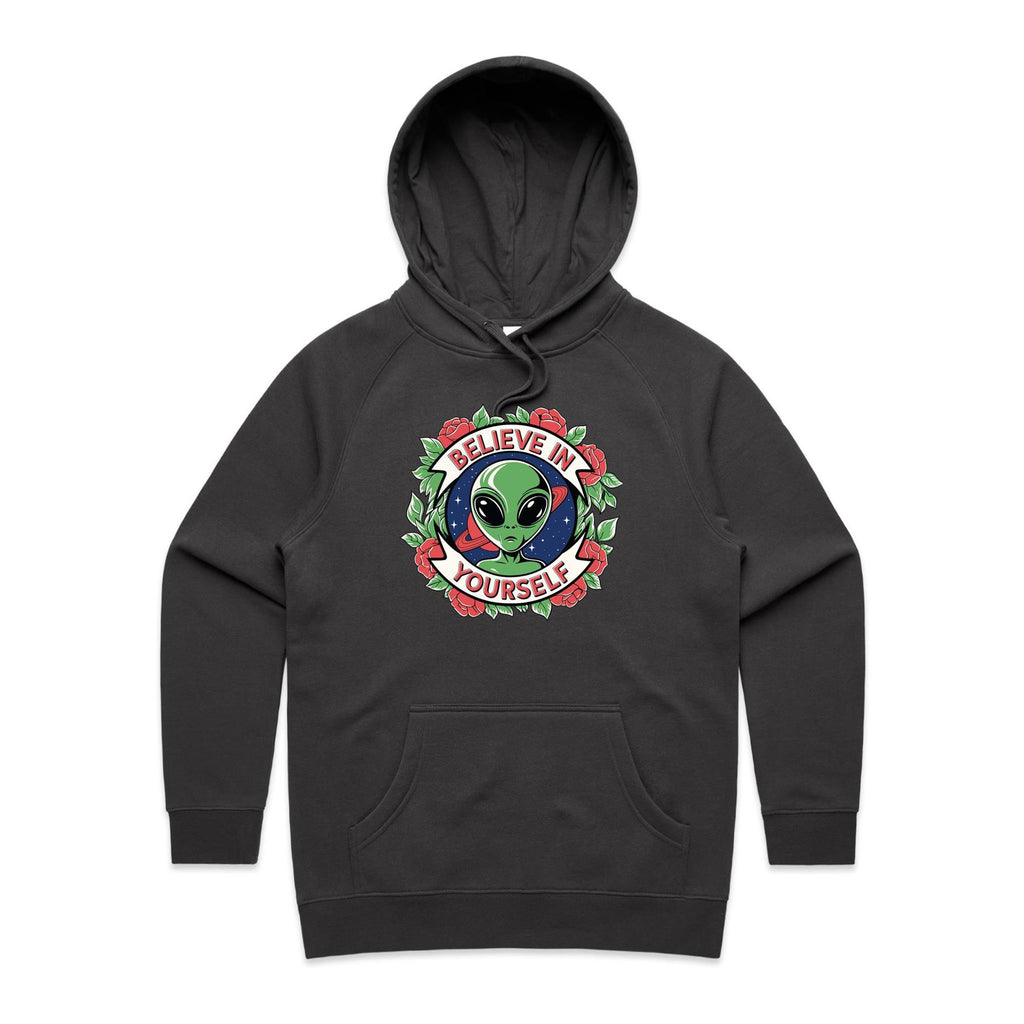 Believe In Yourself, Alien - Womens Hoodie Coal Womens Hoodie Motivation Positivity Printed In Australia Sci Fi