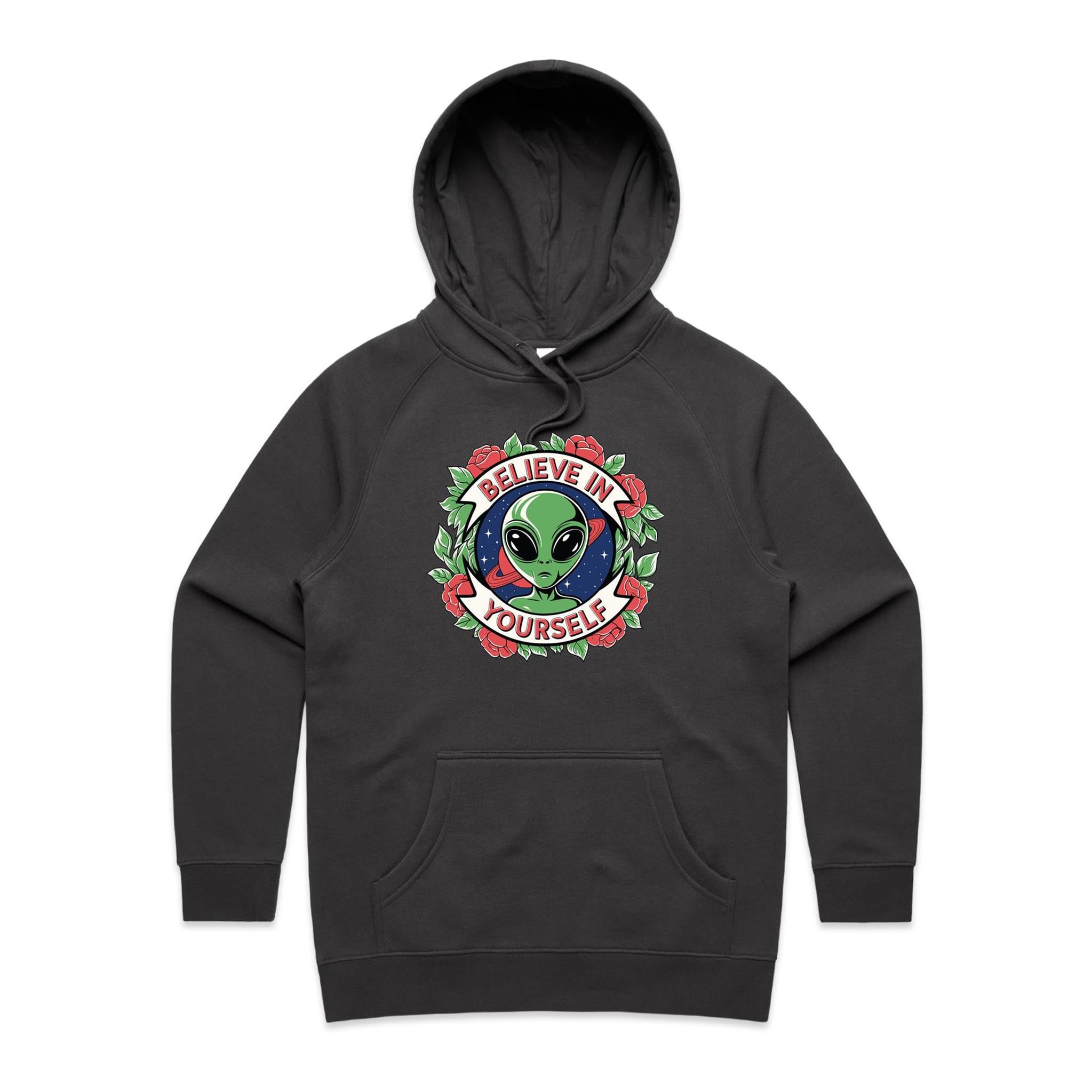 Believe In Yourself, Alien - Womens Hoodie Coal Womens Hoodie Motivation Positivity Printed In Australia Sci Fi