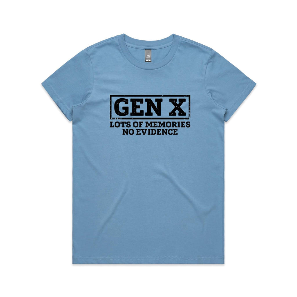 Gen X, Lots Of Memories, No Evidence Women's AS Colour T-shirt Carolina Blue Womens T-shirt Printed In Australia