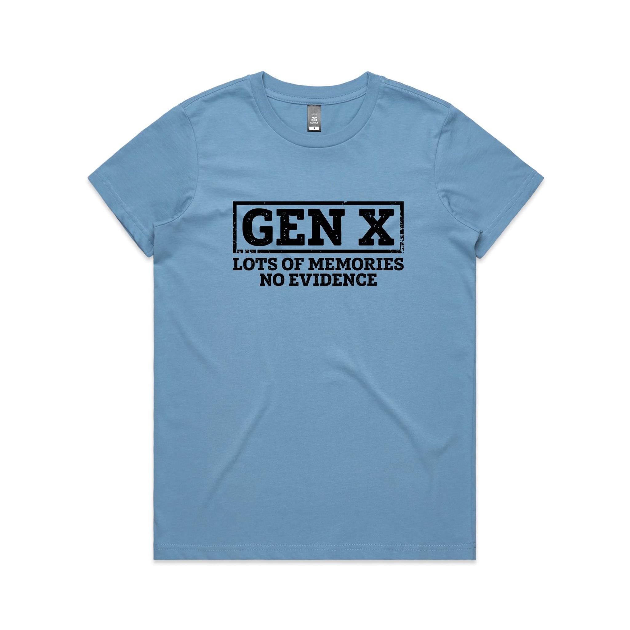Gen X, Lots Of Memories, No Evidence Women's AS Colour T-shirt Carolina Blue Womens T-shirt Printed In Australia