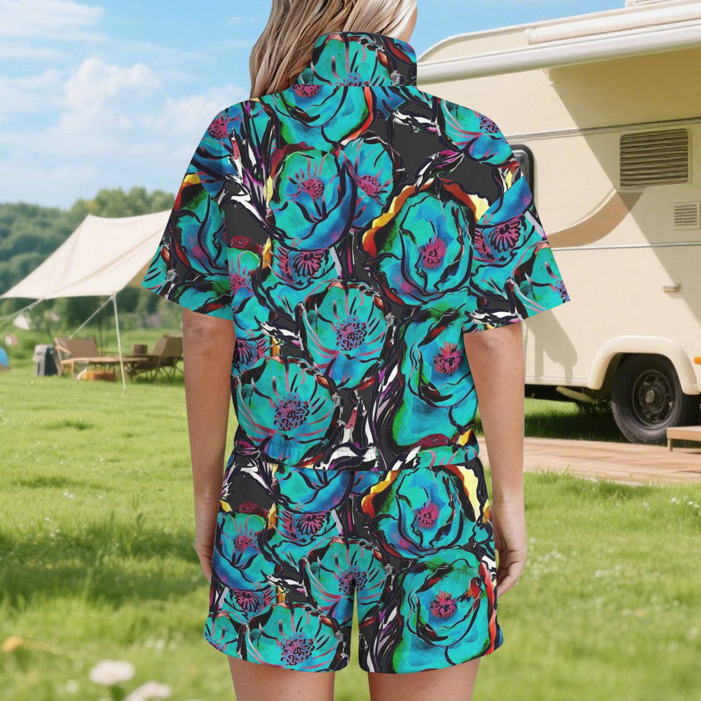 Flower It Blue Women's Windbreaker Short Set Women's Windbreaker Short Set Plants Printed Offshore