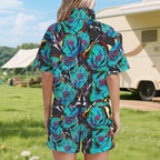 Flower It Blue Women's Windbreaker Short Set Women's Windbreaker Short Set Plants Printed Offshore